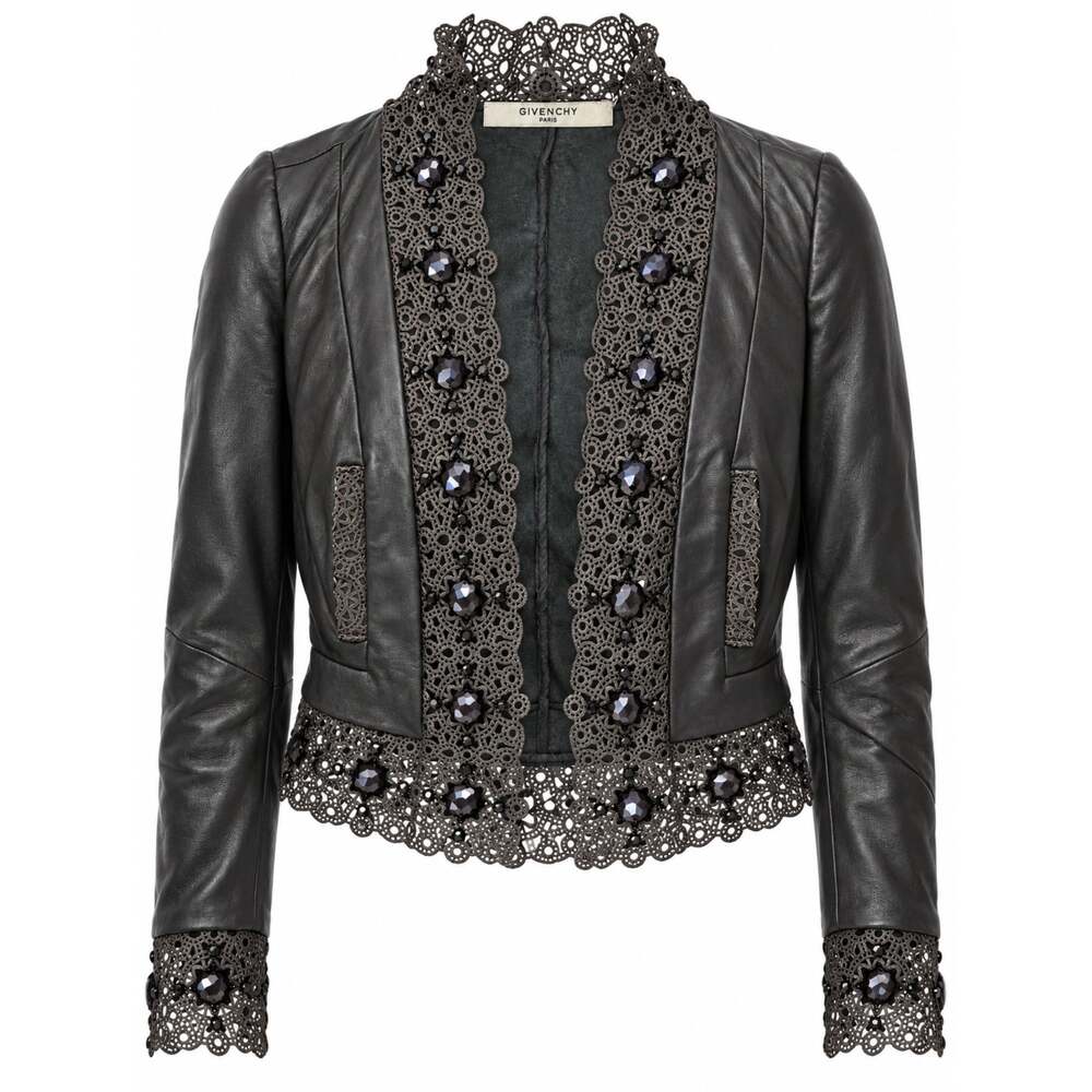 Givenchy Vintage Black Leather Embellished Paneled Jacket Size FR 38